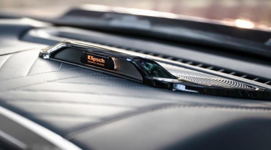 Close-up view of the premium Klipsch Reference Premiere center dashboard speaker in the 2026 Ram 1500 interior, available at Route 18 CJDR serving East Brunswick and Old Bridge, NJ.
