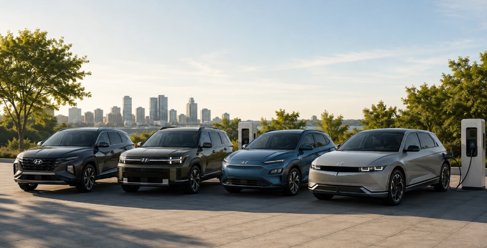 Hyundai hybrid and electric vehicle lineup parked beside EV charging stations
