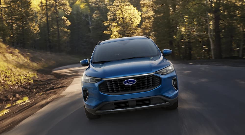A blue 2023 Ford Escape is shown from the front while driving on a winding forest road.