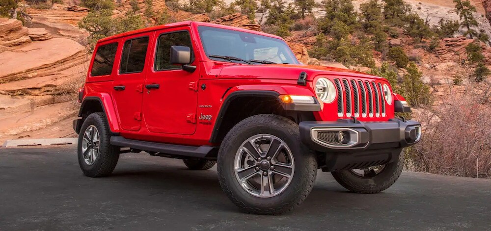 Jeep Wrangler Close Up Front 3/4 Exterior View in Red
