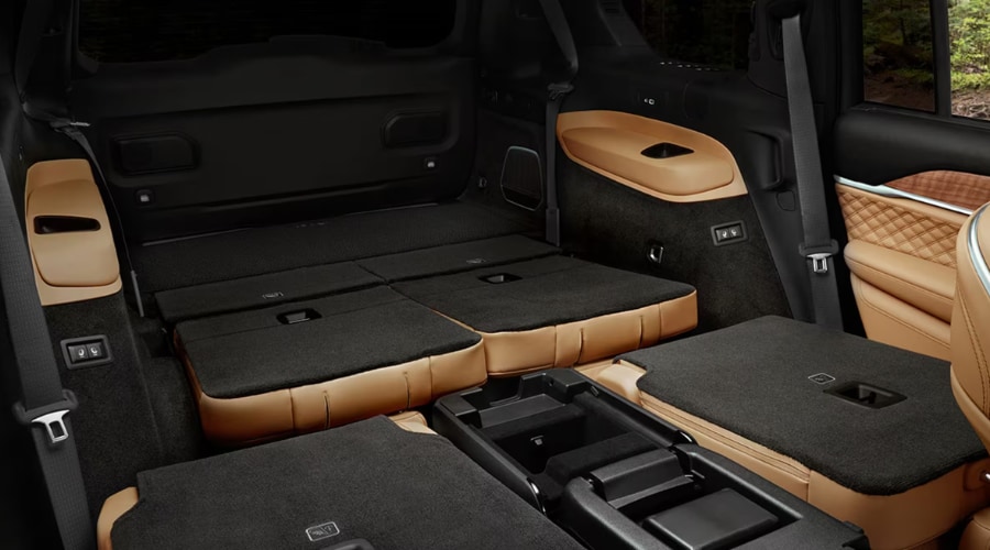 The interior of a 2026 Jeep Grand Cherokee cargo space of 70.8 cubic feet with the rear seats folded flat