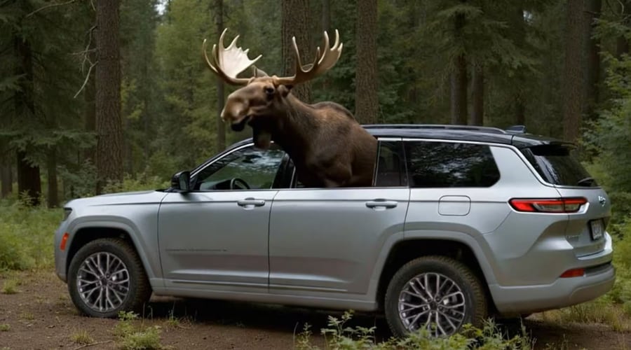 A wild moose sticking its head out of a silver 2026 Jeep Grand Cherokee on a weekend road trip from East Brunswick New Jersey to the mountains