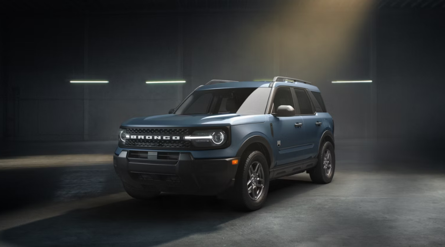 Studio view of a blue 2026 Ford Bronco Sport showcasing its sleek exterior design and rugged stance, available for test drives at Salerno Duane Ford in Summit, NJ, for drivers across Union and Morris Counties.
