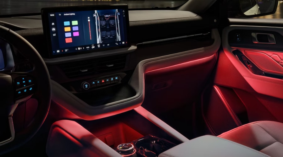 Interior dashboard layout of a 2026 Ford Explorer showing the 13.2-inch touchscreen infotainment center Salerno Duane Ford in Summit, NJ