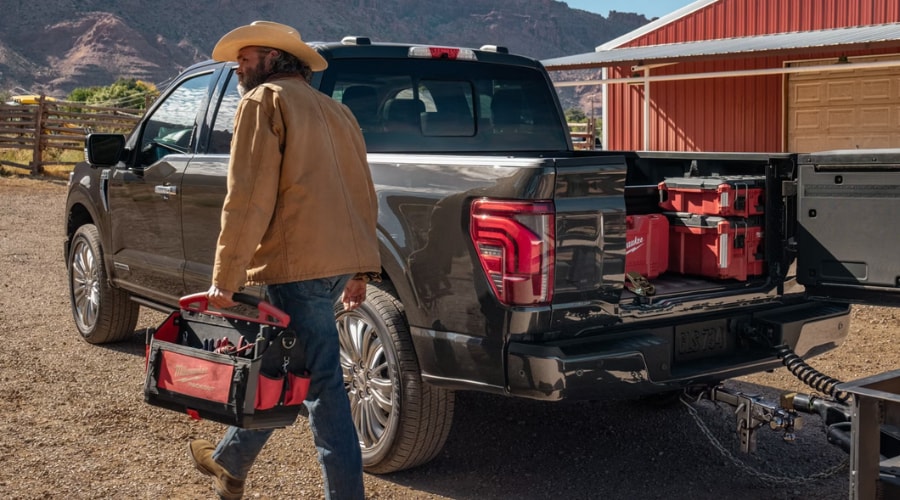 Interior view of a 2026 Ford F-150 SuperCrew in Millburn showing the spacious rear legroom for families.