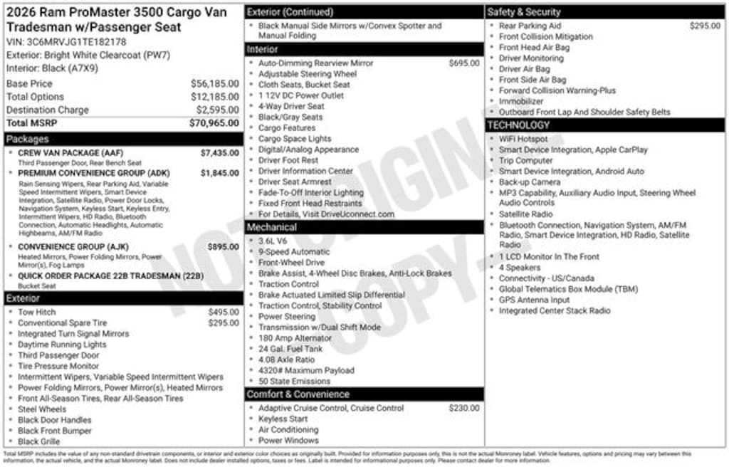 New 2026 Ram ProMaster PROMASTER 3500 TRADESMAN CARGO VAN HIGH ROOF 159' Cargo Van