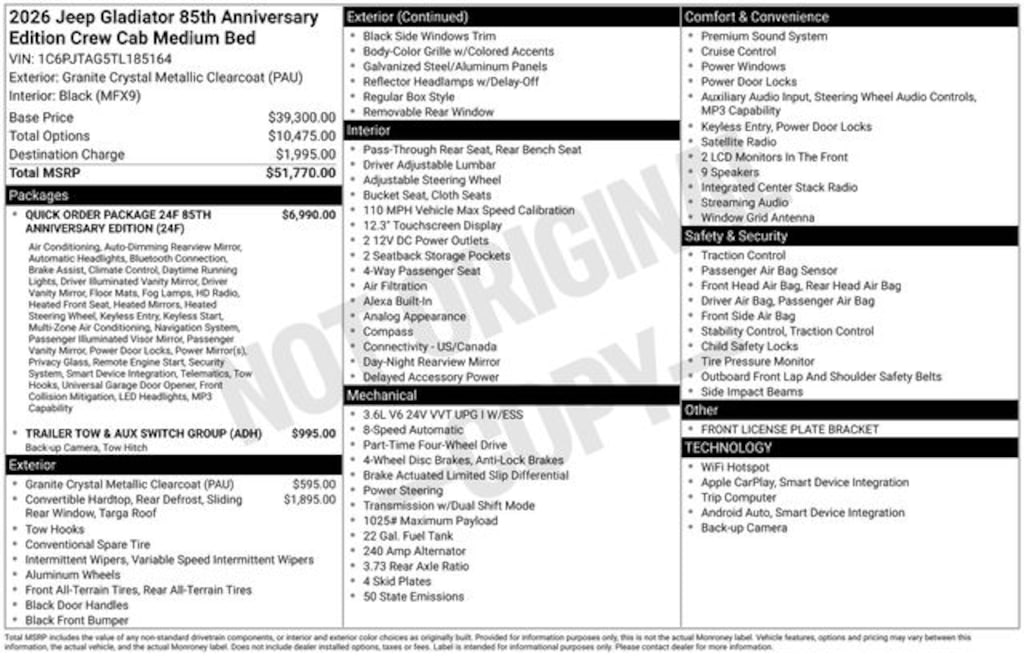 New 2026 Jeep Gladiator 85TH ANNIVERSARY EDITION 4X4 Pickup