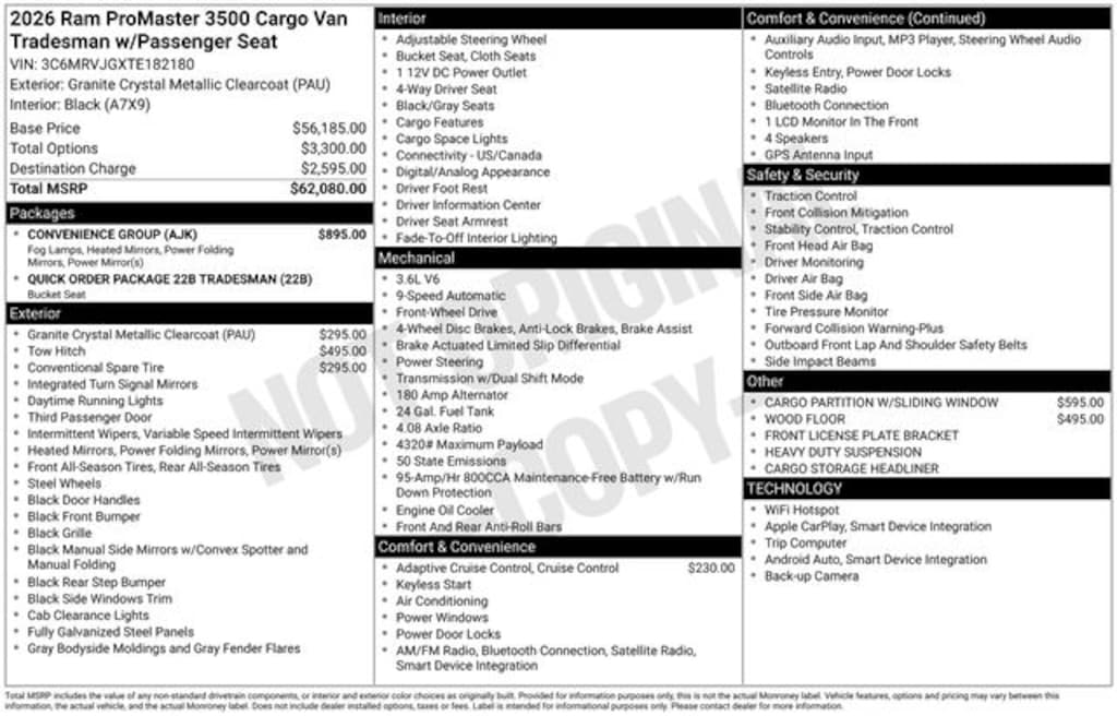 New 2026 Ram ProMaster PROMASTER 3500 TRADESMAN CARGO VAN HIGH ROOF 159' Cargo Van