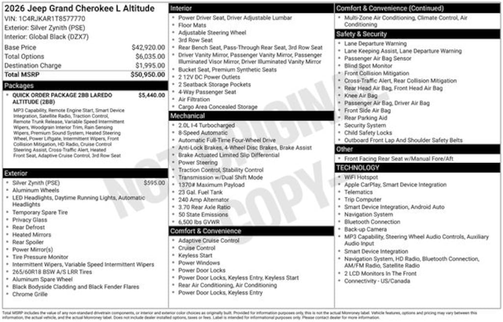 New 2026 Jeep Grand Cherokee L LAREDO ALTITUDE 4X4 Sport Utility