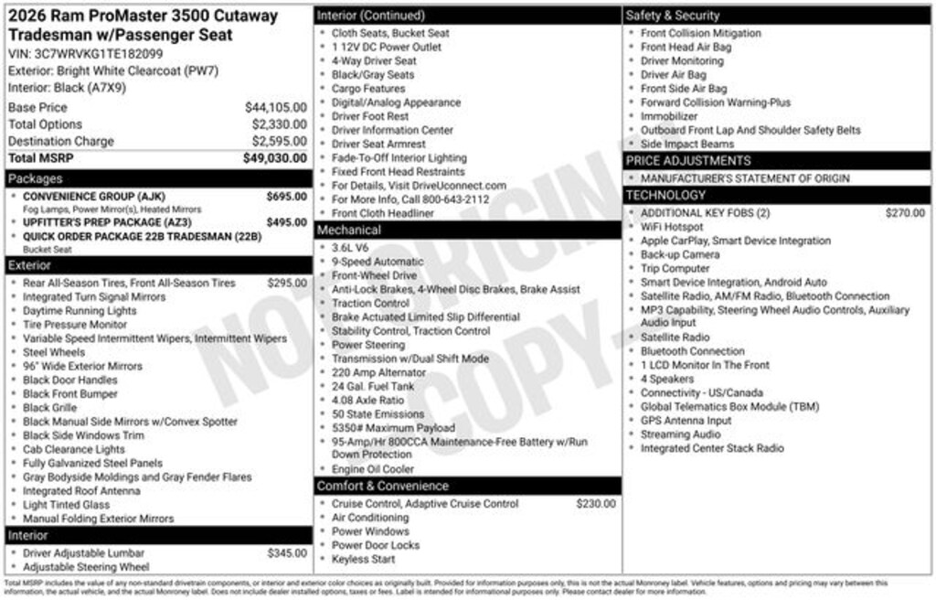 New 2026 Ram ProMaster PROMASTER 3500 TRADESMAN CUTAWAY 136' WB / 81' CA