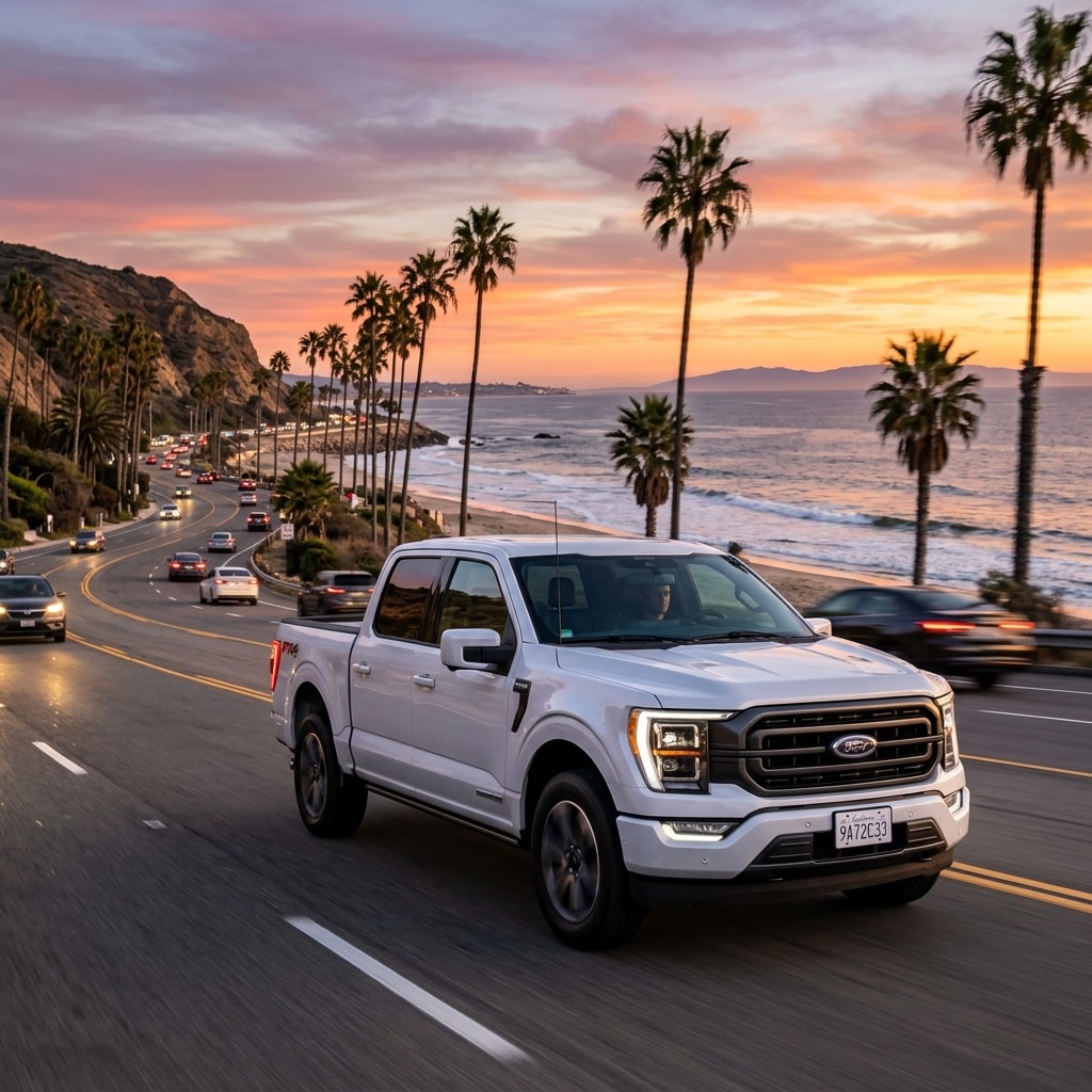 Ford F-150 Hybrid driving on the Pacific Coast Highway in Santa Monica during sunset