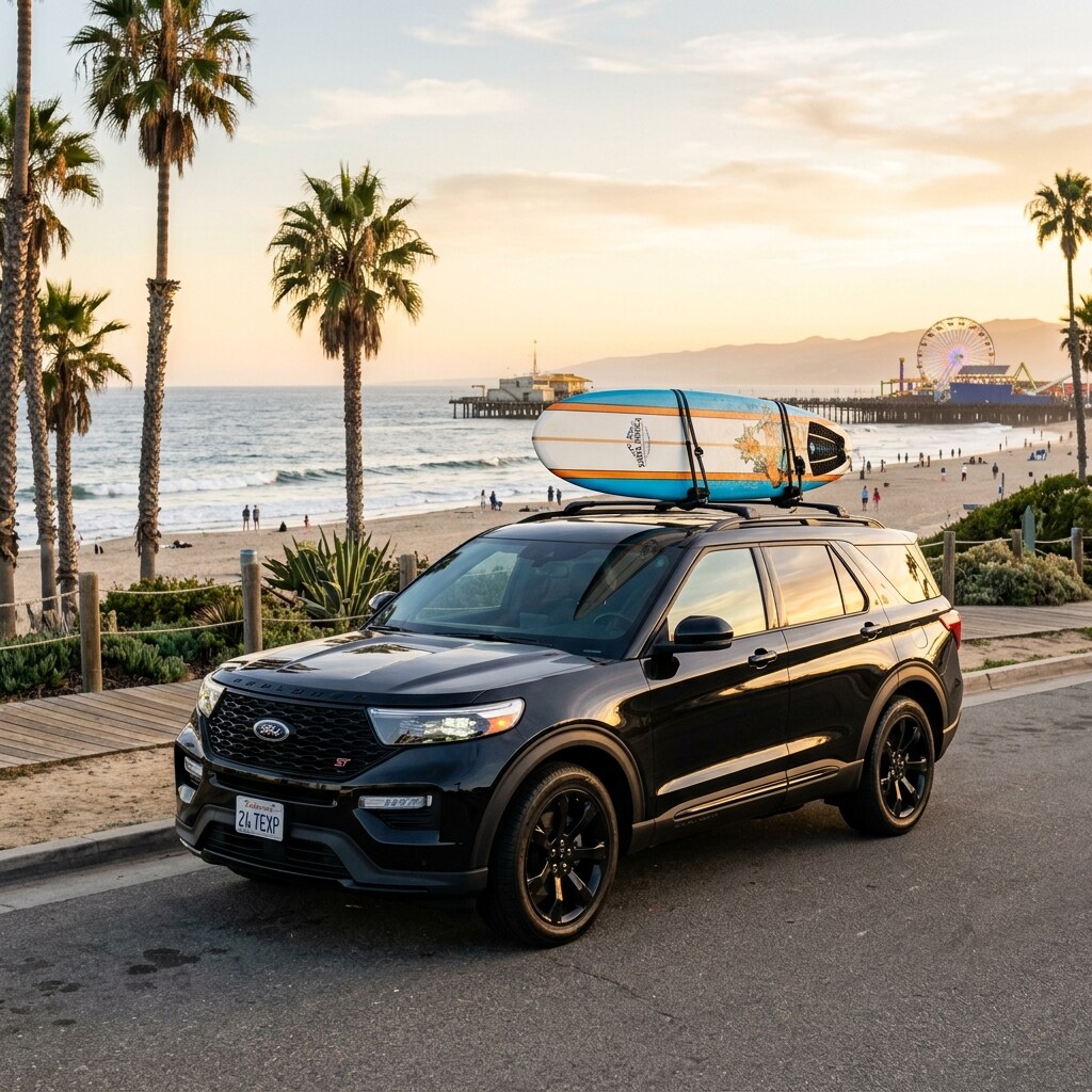 Ford Explorer SUV parked near Santa Monica beach with a surfboard on top at golden hour