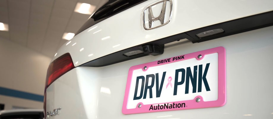 View of rear license plate on white Honda vehicle