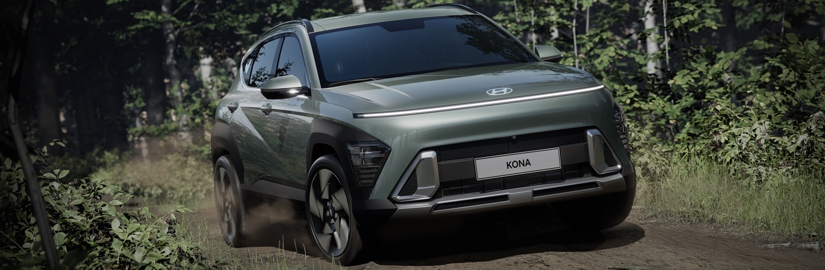 Hyundai Kona driving in the woods