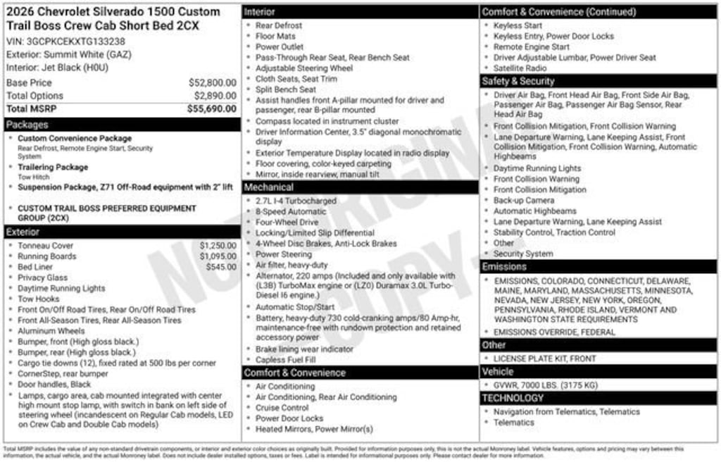 New 2026 Chevrolet Silverado 1500 Custom Trail Boss Truck