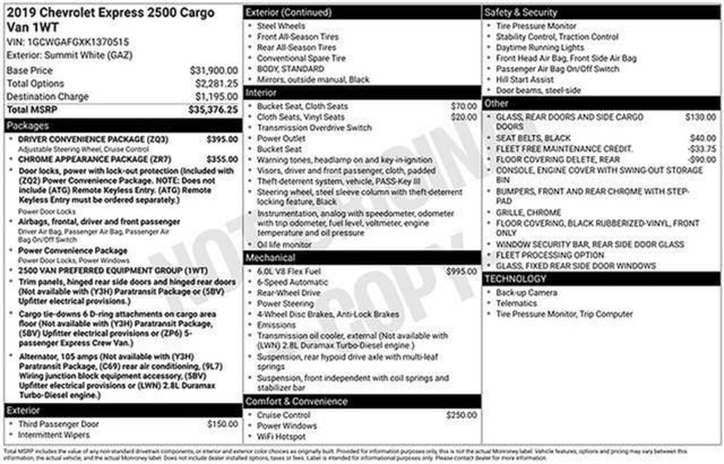 Used 2019 Chevrolet Express Cargo 2500 Work Van Van