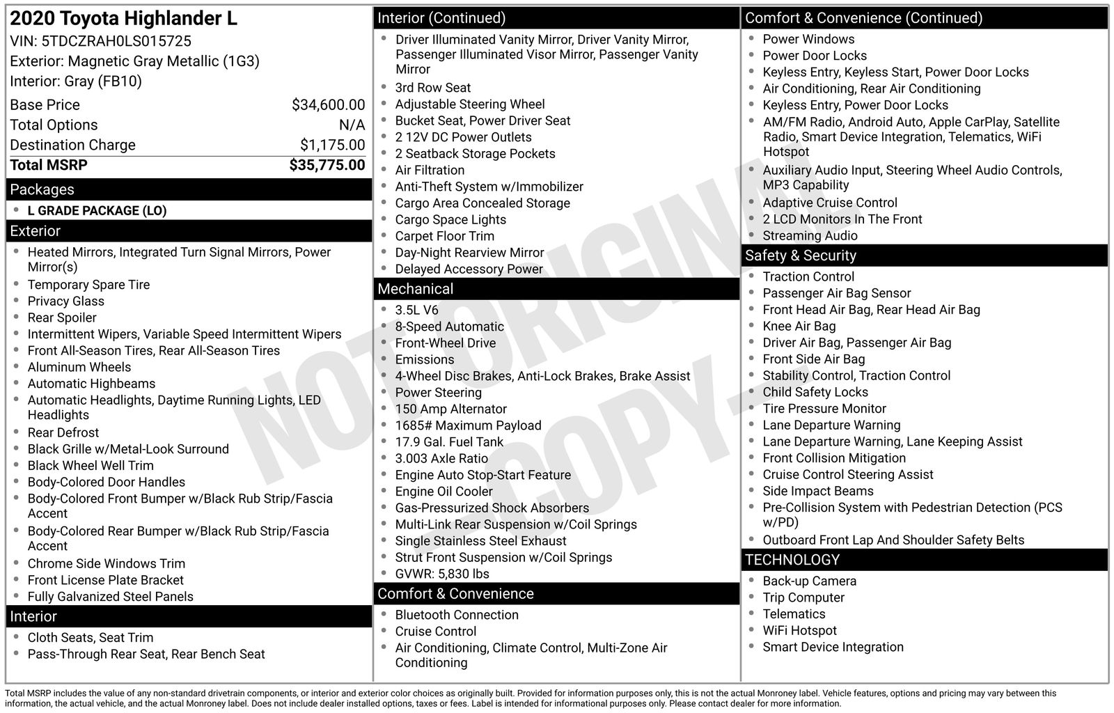 2020 Toyota Highlander L 4x2 V6's photo