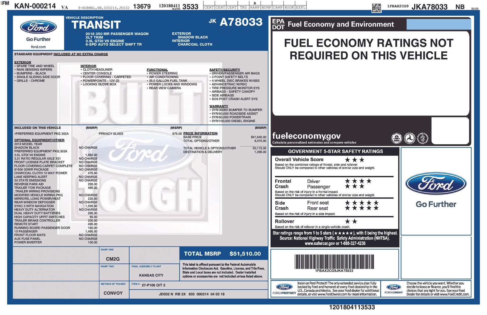 2018 Ford Transit 350 XLT Wagon Med Roof Sliding Pass. 148's photo