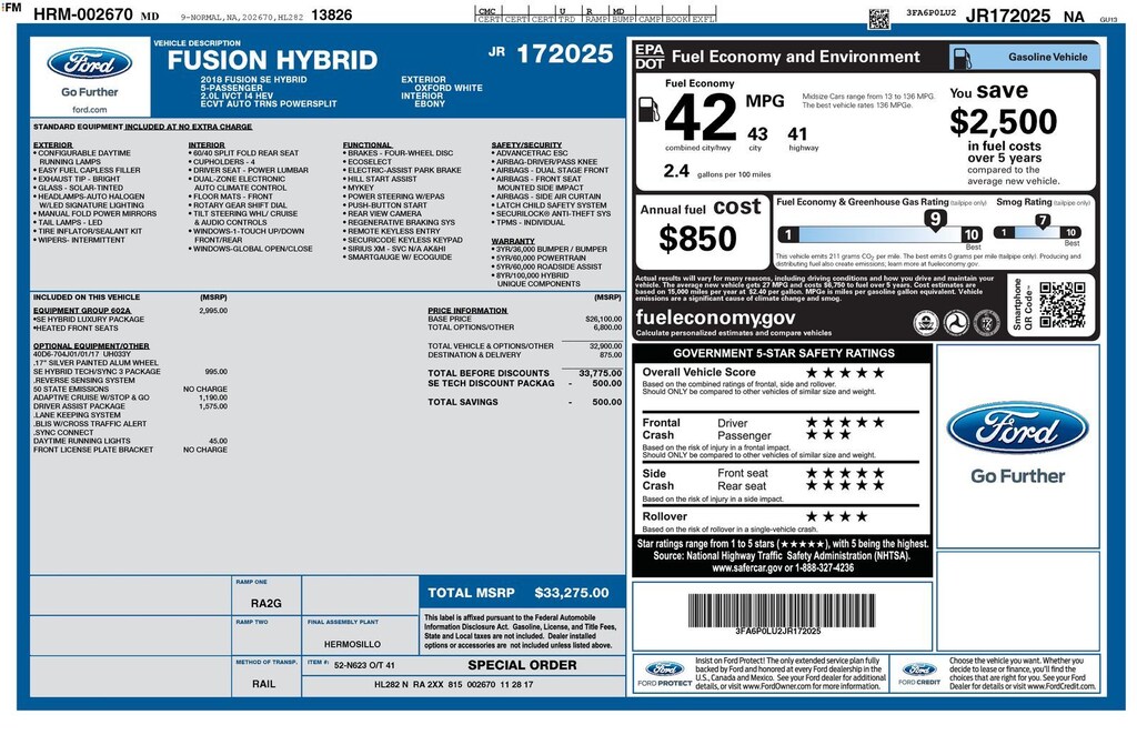Used 2018 Ford Fusion Hybrid SE Sedan