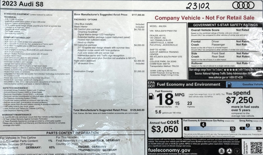 Certified 2023 Audi S8 4.0 Tfsi Quattro L Sedan