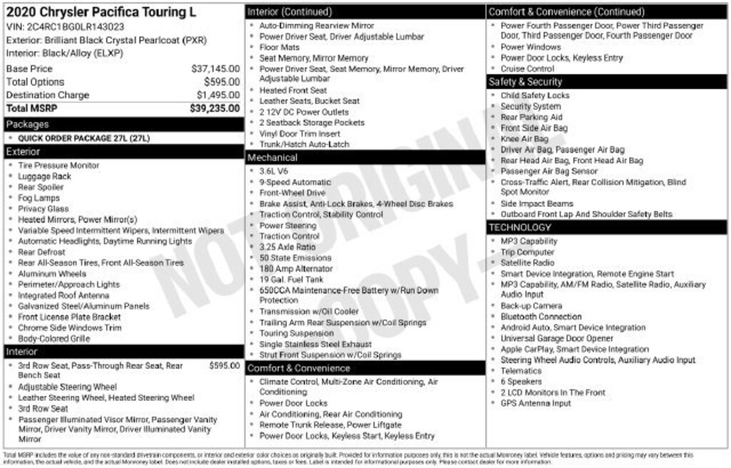 Used 2020 Chrysler Pacifica Touring L Van Passenger Van