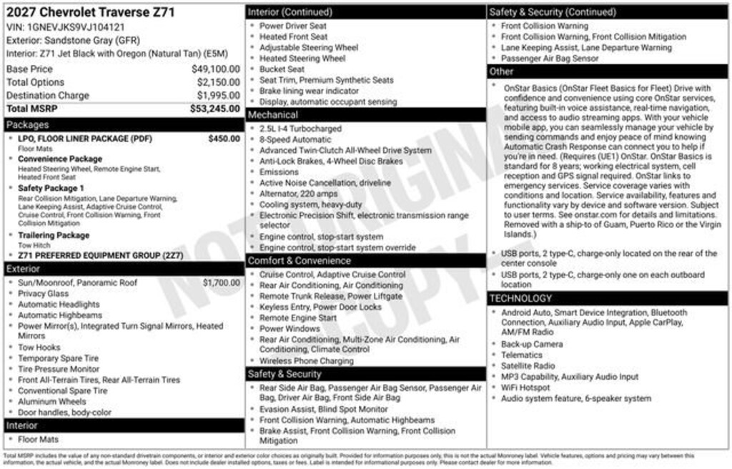 New 2027 Chevrolet Traverse Z71 SUV