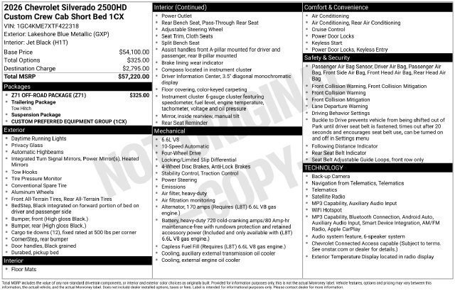 New 2026 Chevrolet Silverado 2500 HD Custom Truck