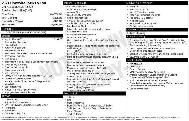 Used 2021 Chevrolet Spark LS with VIN KL8CB6SA8MC735600 for sale in Willoughby Hills, OH