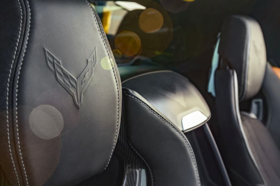 2026 Corvette E-Ray with Ultimate Suede interior and signature logo on headrest