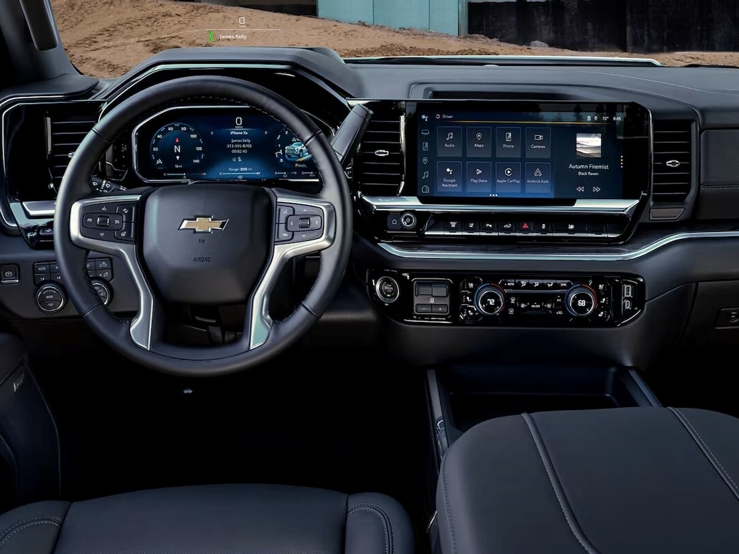  Interior shot of 2026 Silverado HD cabin with leather seats