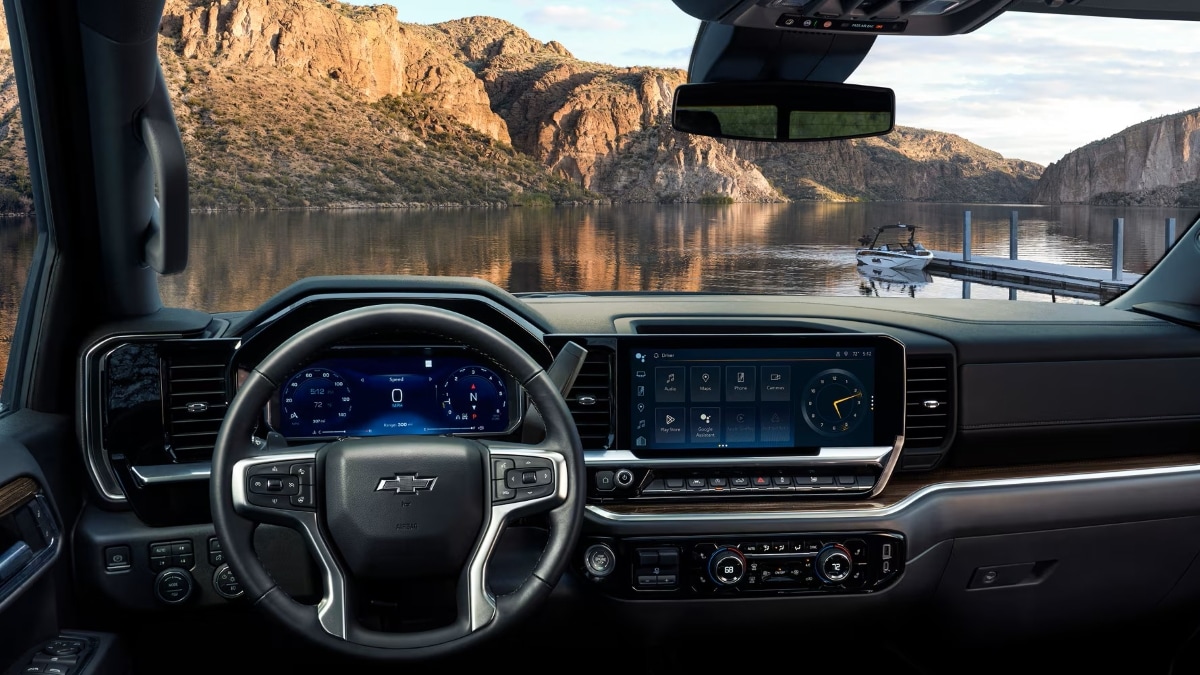 Front cabin view showing ergonomic dashboard and center console