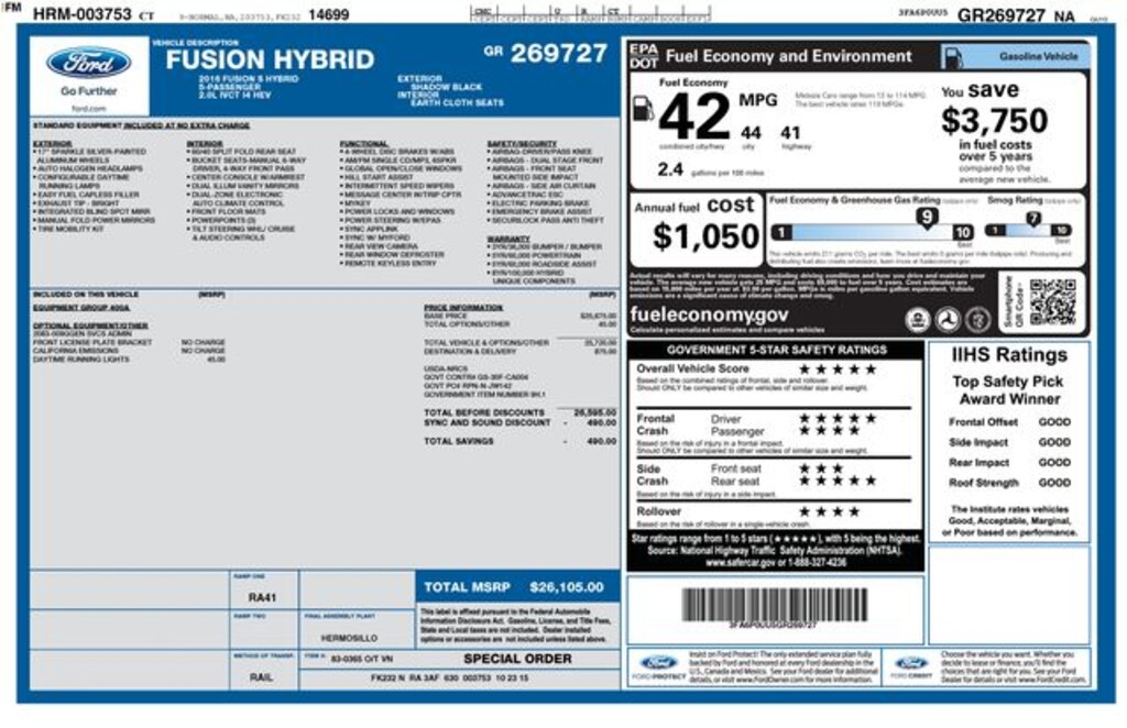 Used 2016 Ford Fusion Hybrid S Sedan
