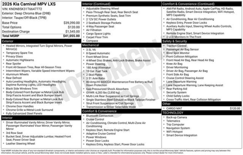 New 2026 Kia Carnival LXS Minivan/Van