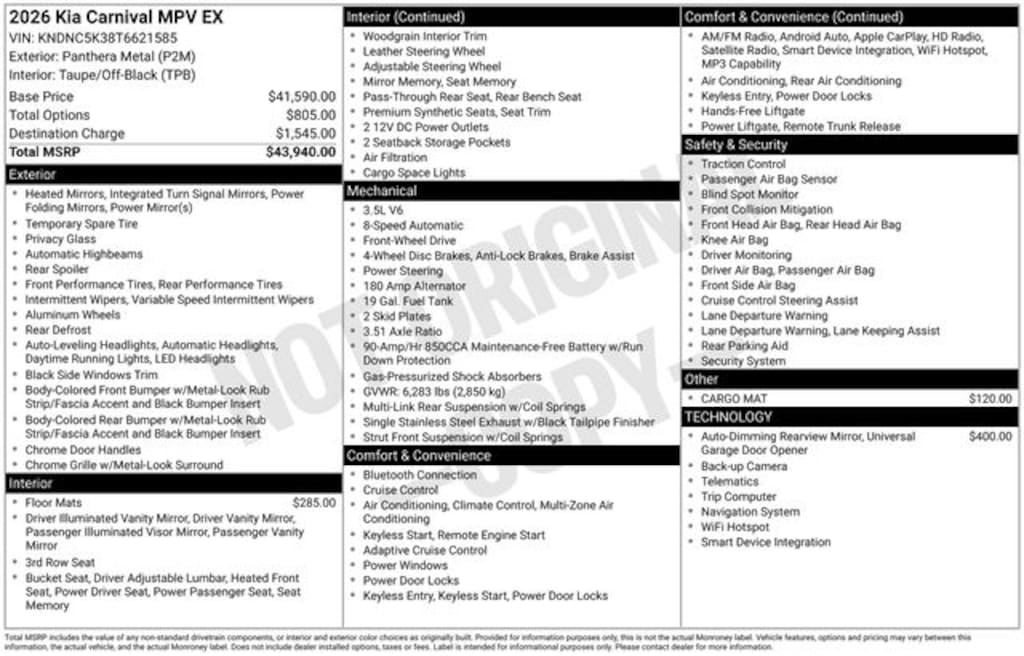 New 2026 Kia Carnival EX Minivan/Van