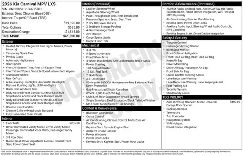 New 2026 Kia Carnival LXS Minivan/Van