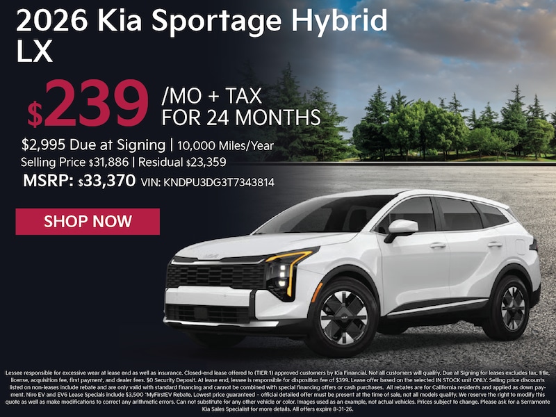 2026 Kia Sportage Hybrid LX lease special — $239/mo for 24 months at Serramonte Kia