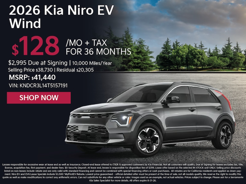 2026 Kia Niro EV Wind lease special — $128/mo for 36 months at Serramonte Kia