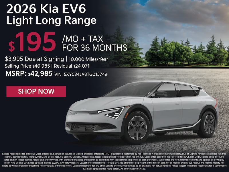 2026 Kia EV6 Light Long Range lease special — $195/mo for 36 months at Serramonte Kia
