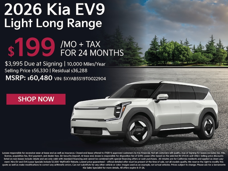 2026 Kia EV9 Light Long Range lease special — $199/mo for 24 months at Serramonte Kia