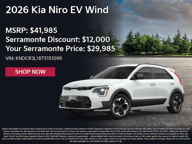 2026 Kia Niro EV Wind purchase special — $12,000 off MSRP, $29,985 at Serramonte Kia