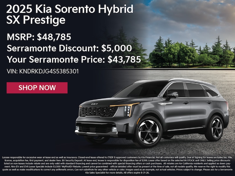2025 Kia Sorento Hybrid SX Prestige purchase special — $5,000 off MSRP, $43,785 at Serramonte Kia