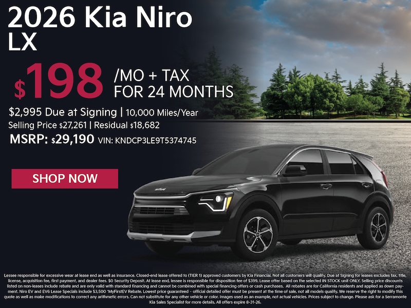 2026 Kia Niro LX Hybrid lease special — $198/mo for 24 months at Serramonte Kia