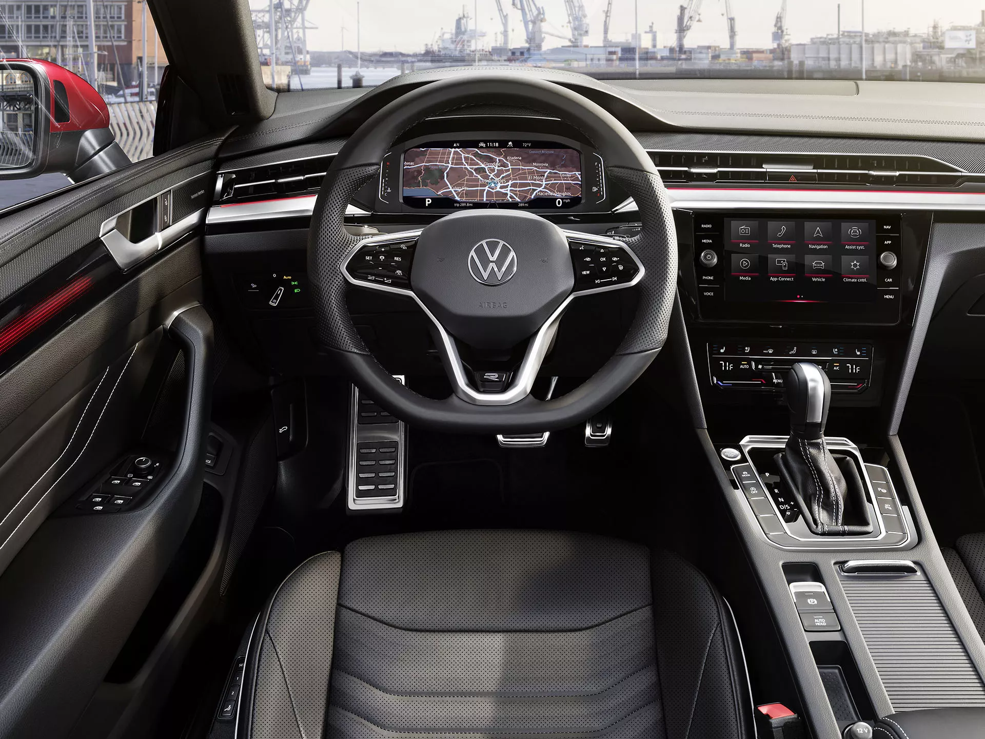 Arteon interior featuring the 8 Discover Media touchscreen navigation system and Volkswagen Digital Cockpit Pro, as seen from the driver seat.