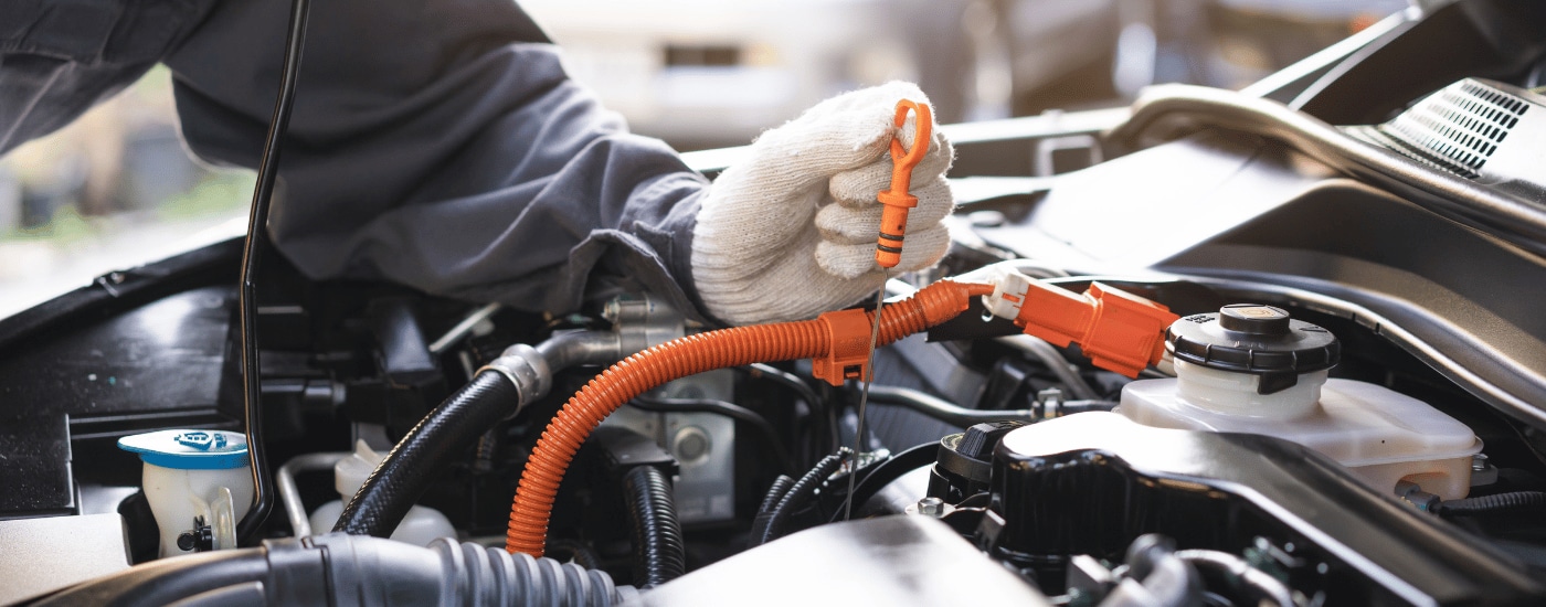 A mechanic checking the oil dipstick on a car