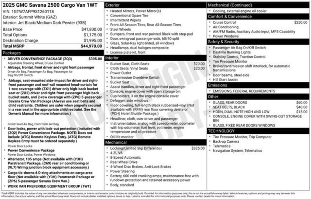 New 2025 GMC Savana Cargo 2500 Work Van Van