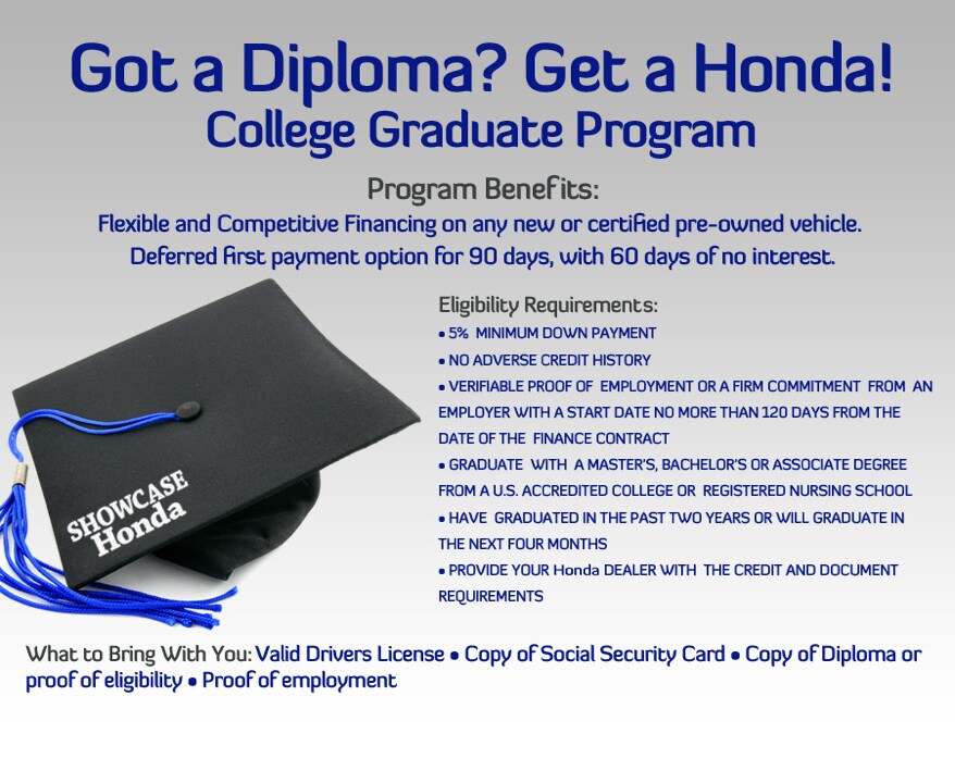 Got a Diploma?  Get a
Honda.  College Graduate Program.  Program Benefits: flexible and competitive financing
on any new or certified pre-owned vehicle, and deferred first payment option
for 90 days with 60 days of no interest. 
Eligibility requirements:
·        
5% minimum down payment 
·        
No adverse credit history  
·        
Verifiable proof of employment of a frim confirmation
from an employer with a start date no more than 120 days from the date of the
finance contract
·        
Graduate with a Master's, Bachelor's, Associate
degree from a U.S. accredited college or registered nursing school 
·        
Have graduated in past two years or will
graduate in the next four months
·        
Provide your Honda dealer with credit and
document requirements 
What to bring with you: valid driver's license, copy of
social security card, and copy of diploma or proof eligibility, and proof of
employment