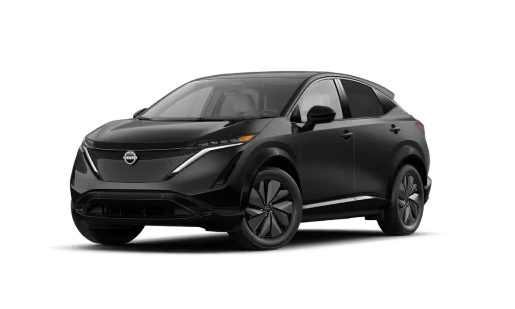 Exterior side angle image of a black 2025 Nissan ARIYA ENGAGE+ parked on a white background