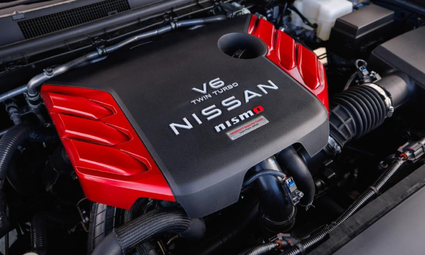 Closeup image of the 2026 Nissan Armada NISMO twin-turbo 3.5L V-6 engine