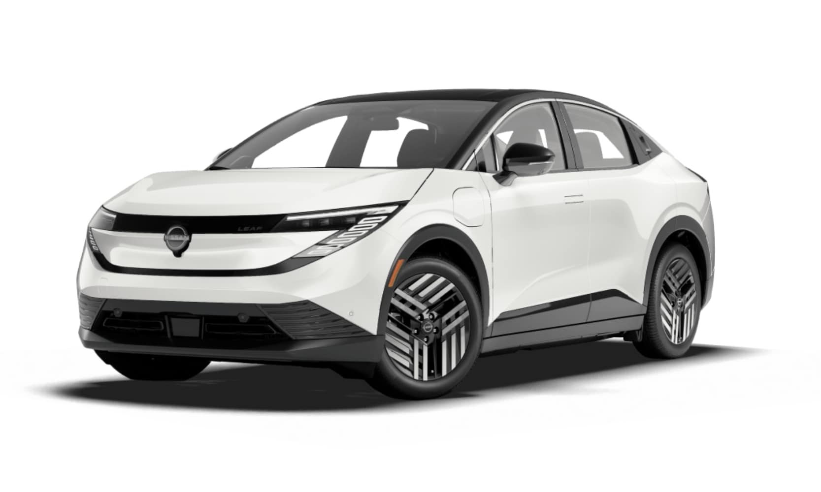 Exterior front side angle image of a blue 2026 Nissan LEAF SV+ parked on a white background