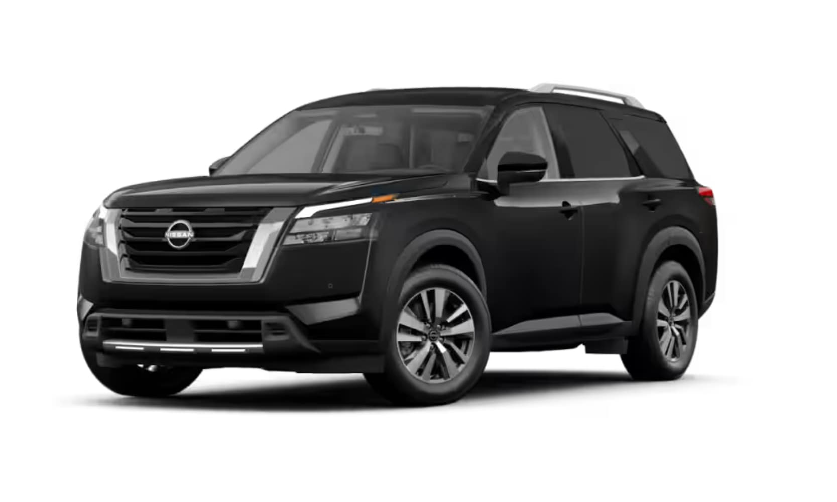 Exterior front side angle image of a black 2025 Nissan Pathfinder SL parked on a white background